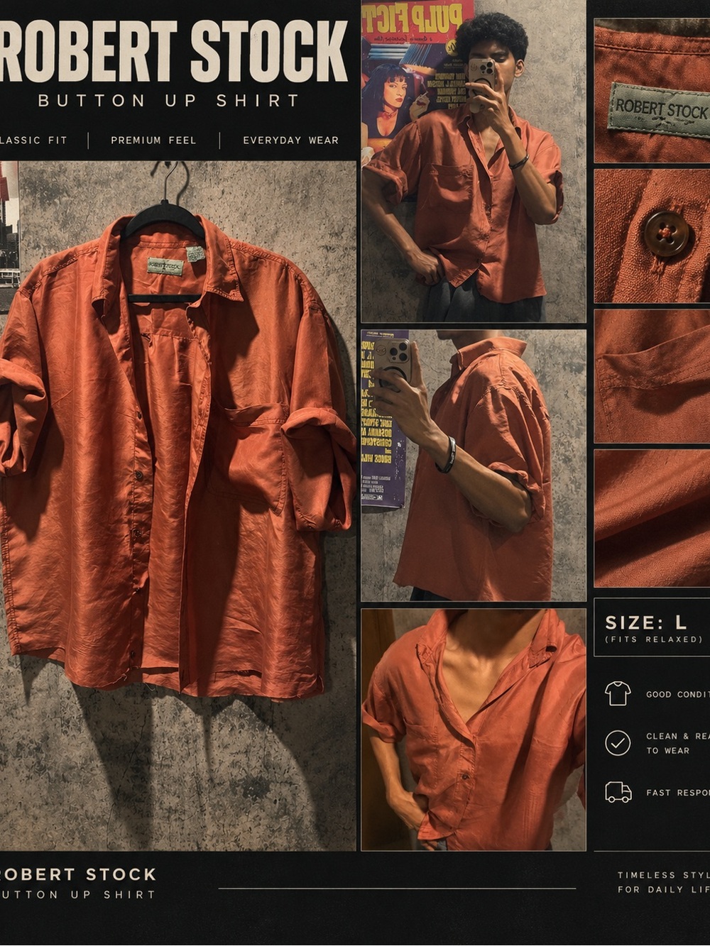 Men's croped Button-Up Shirt Jacket — Rust Orange, Size L